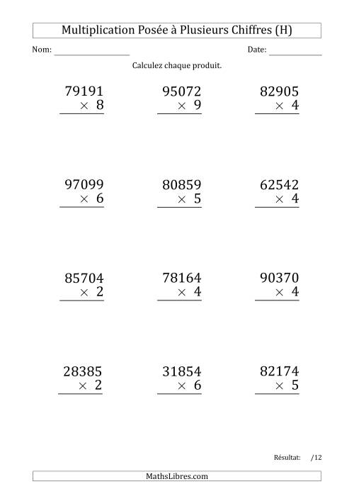 Multiplication d'un Nombre à 5 Chiffres par un Nombre à 1 Chiffre (Gros Caractère) (H)