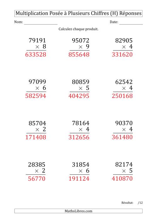 Multiplication d'un Nombre à 5 Chiffres par un Nombre à 1 Chiffre (Gros Caractère) (H) page 2