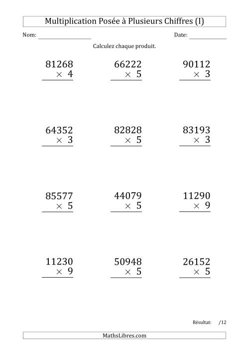 Multiplication d'un Nombre à 5 Chiffres par un Nombre à 1 Chiffre (Gros Caractère) (I)