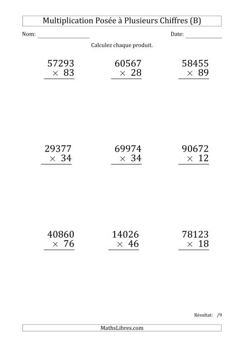 Multiplication d'un Nombre à 5 Chiffres par un Nombre à 2 Chiffres (Gros Caractère) (B)