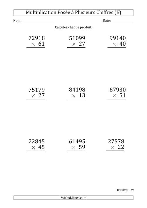 Multiplication d'un Nombre à 5 Chiffres par un Nombre à 2 Chiffres (Gros Caractère) (E)