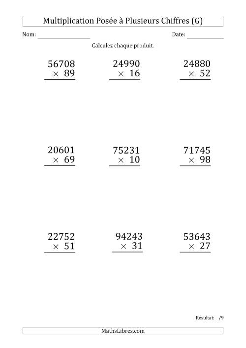 Multiplication d'un Nombre à 5 Chiffres par un Nombre à 2 Chiffres (Gros Caractère) (G)