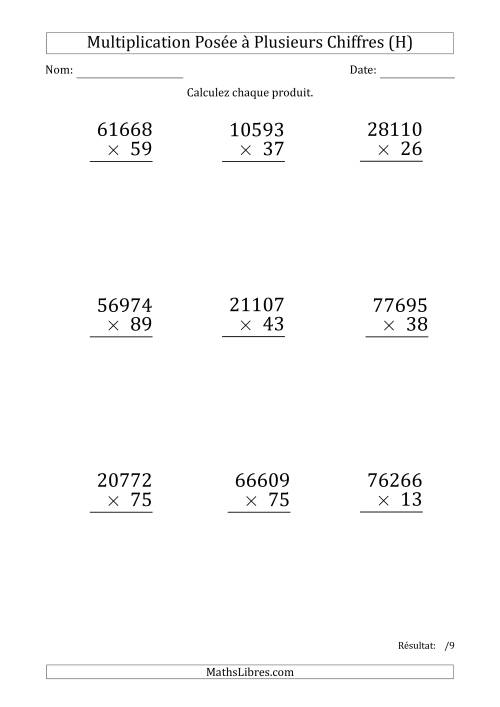 Multiplication d'un Nombre à 5 Chiffres par un Nombre à 2 Chiffres (Gros Caractère) (H)