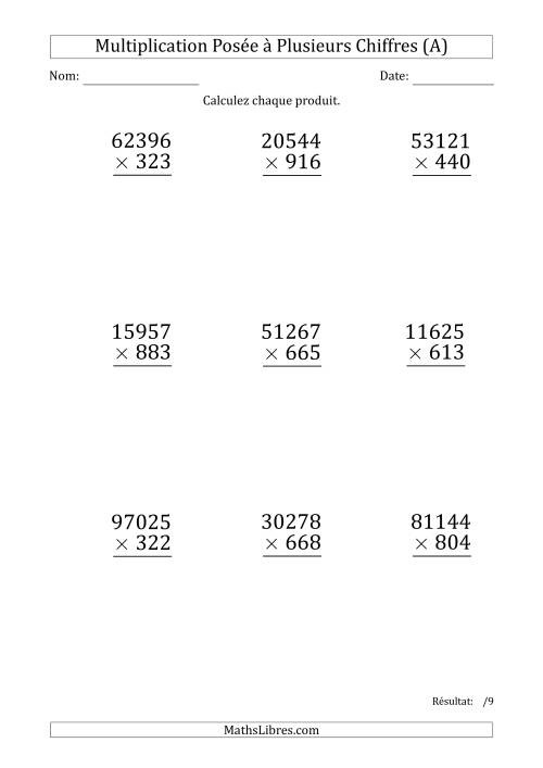 Multiplication d'un Nombre à 5 Chiffres par un Nombre à 3 Chiffres (Gros Caractère) (A)