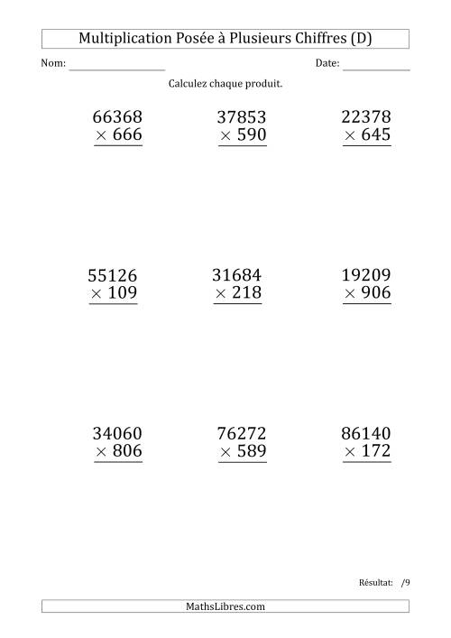 Multiplication d'un Nombre à 5 Chiffres par un Nombre à 3 Chiffres (Gros Caractère) (D)
