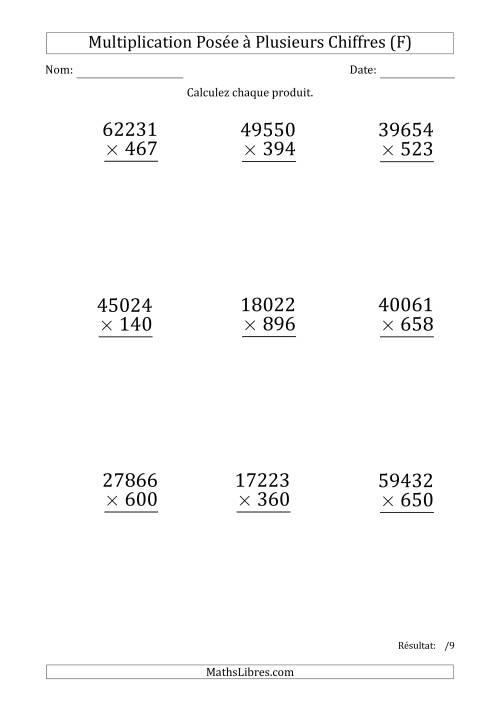 Multiplication d'un Nombre à 5 Chiffres par un Nombre à 3 Chiffres (Gros Caractère) (F)