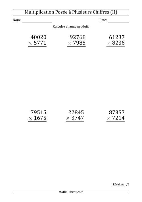 Multiplication d'un Nombre à 5 Chiffres par un Nombre à 4 Chiffres (Gros Caractère) (H)