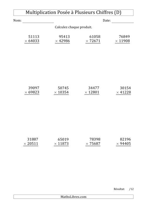 Multiplication d'un Nombre à 5 Chiffres par un Nombre à 5 Chiffres (D)
