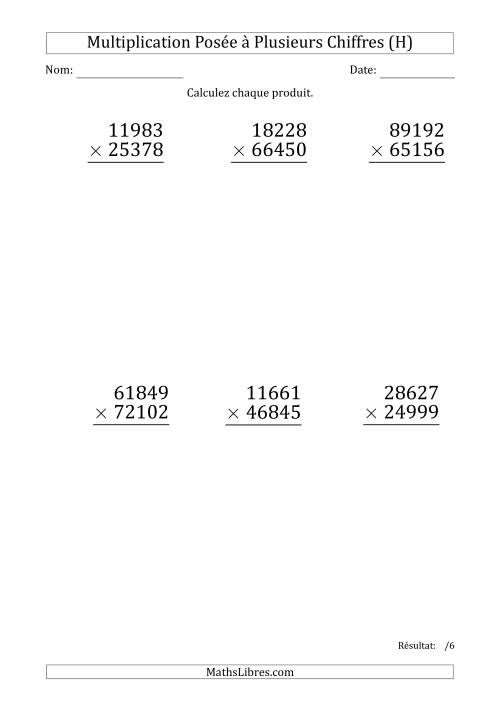 Multiplication d'un Nombre à 5 Chiffres par un Nombre à 5 Chiffres (Gros Caractère) (H)