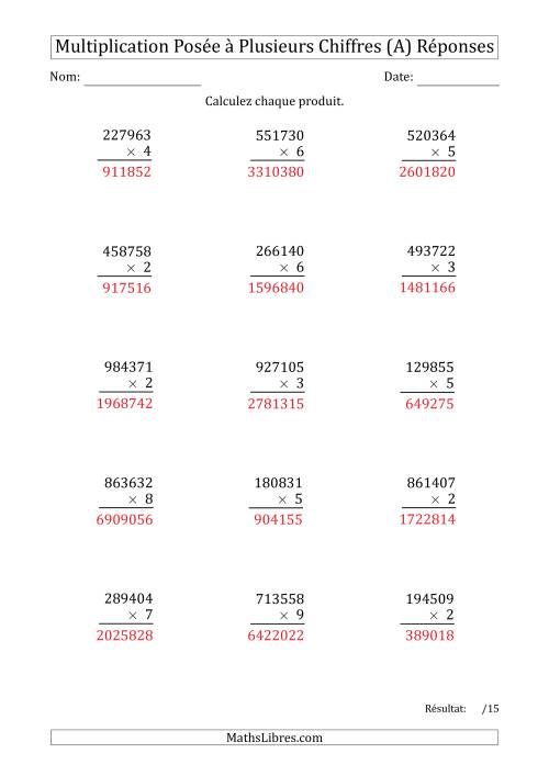Multiplication d'un Nombre à 6 Chiffres par un Nombre à 1 Chiffre (A) page 2