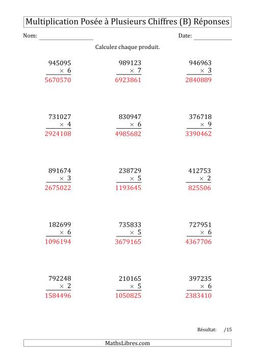 Multiplication d'un Nombre à 6 Chiffres par un Nombre à 1 Chiffre (B) page 2