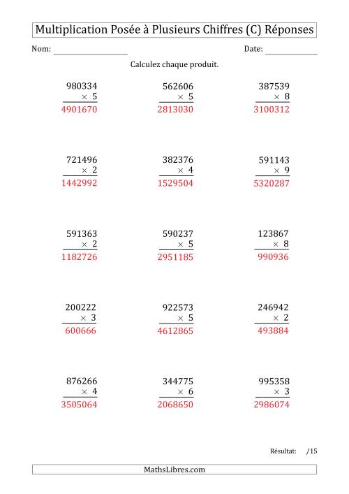 Multiplication d'un Nombre à 6 Chiffres par un Nombre à 1 Chiffre (C) page 2