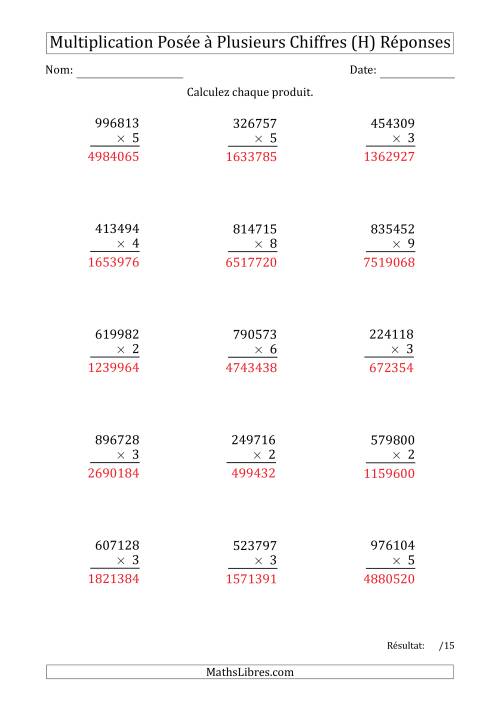 Multiplication d'un Nombre à 6 Chiffres par un Nombre à 1 Chiffre (H) page 2