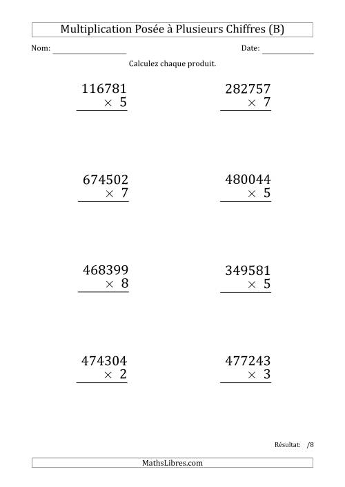 Multiplication d'un Nombre à 6 Chiffres par un Nombre à 1 Chiffre (Gros Caractère) (B)
