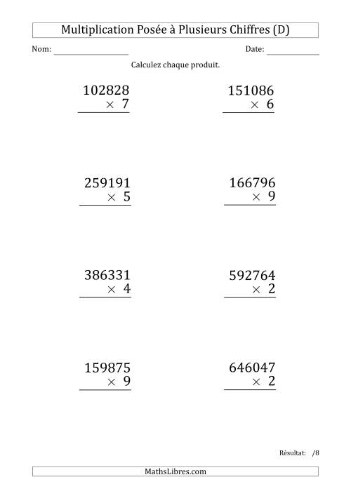 Multiplication d'un Nombre à 6 Chiffres par un Nombre à 1 Chiffre (Gros Caractère) (D)