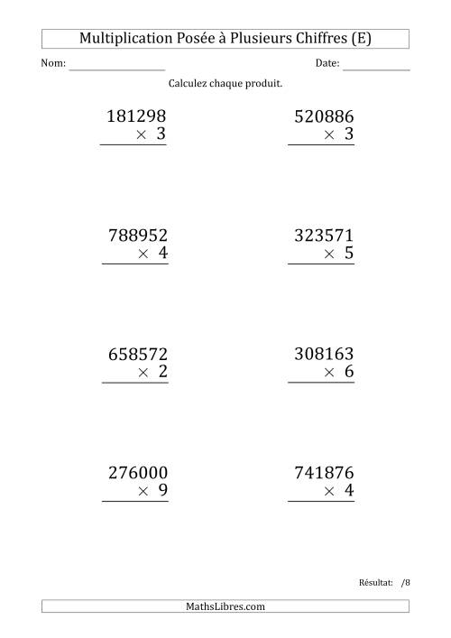 Multiplication d'un Nombre à 6 Chiffres par un Nombre à 1 Chiffre (Gros Caractère) (E)