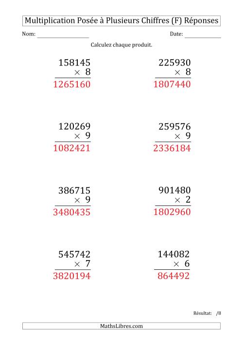 Multiplication d'un Nombre à 6 Chiffres par un Nombre à 1 Chiffre (Gros Caractère) (F) page 2