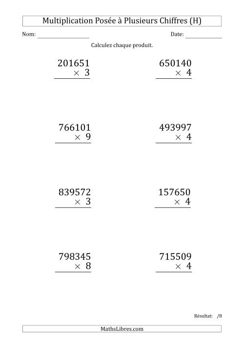 Multiplication d'un Nombre à 6 Chiffres par un Nombre à 1 Chiffre (Gros Caractère) (H)