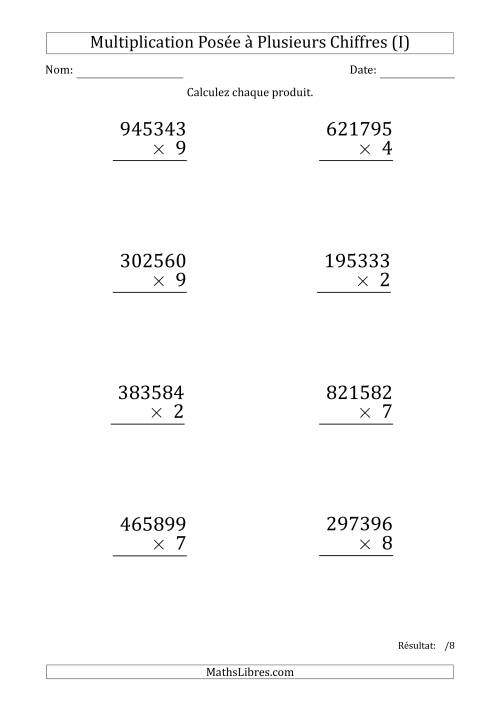 Multiplication d'un Nombre à 6 Chiffres par un Nombre à 1 Chiffre (Gros Caractère) (I)