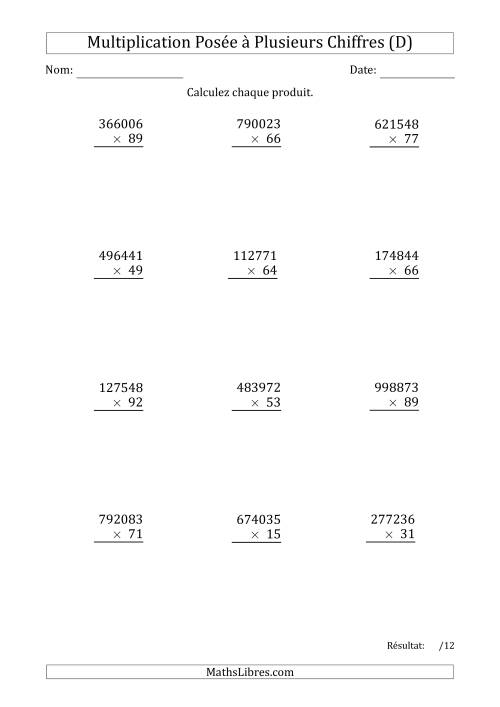 Multiplication d'un Nombre à 6 Chiffres par un Nombre à 2 Chiffres (D)