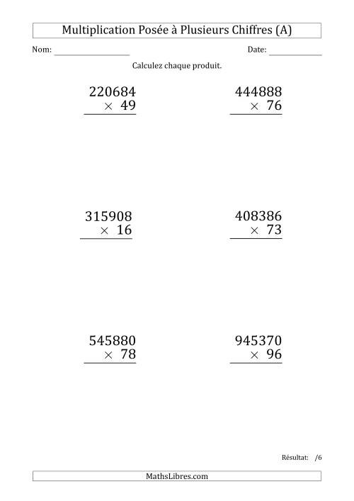 Multiplication d'un Nombre à 6 Chiffres par un Nombre à 2 Chiffres (Gros Caractère) (A)