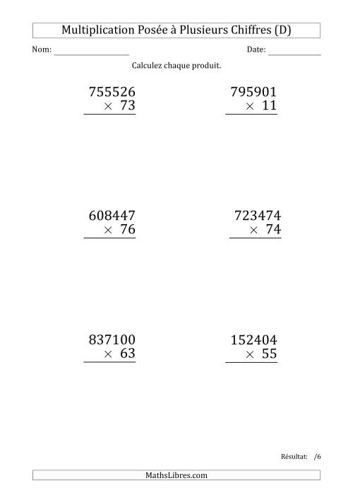Multiplication d'un Nombre à 6 Chiffres par un Nombre à 2 Chiffres (Gros Caractère) (D)