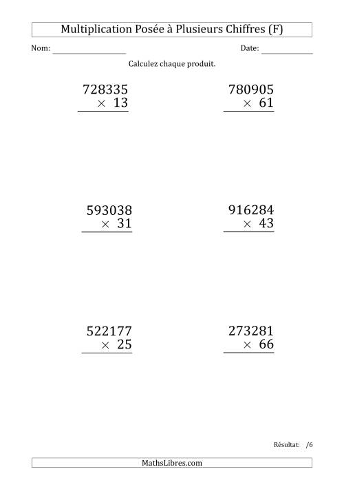 Multiplication d'un Nombre à 6 Chiffres par un Nombre à 2 Chiffres (Gros Caractère) (F)
