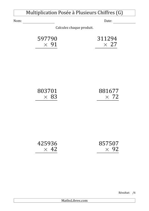 Multiplication d'un Nombre à 6 Chiffres par un Nombre à 2 Chiffres (Gros Caractère) (G)