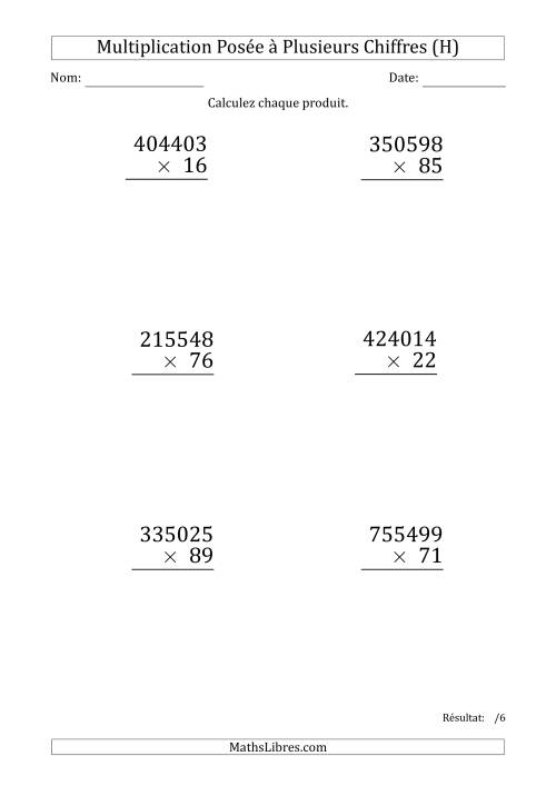 Multiplication d'un Nombre à 6 Chiffres par un Nombre à 2 Chiffres (Gros Caractère) (H)