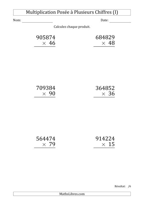 Multiplication d'un Nombre à 6 Chiffres par un Nombre à 2 Chiffres (Gros Caractère) (I)