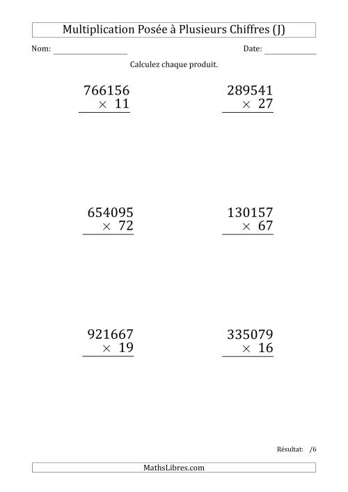 Multiplication d'un Nombre à 6 Chiffres par un Nombre à 2 Chiffres (Gros Caractère) (J)