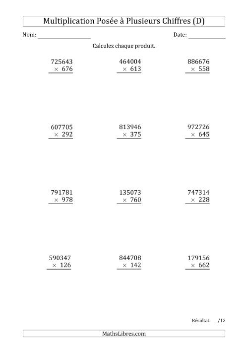 Multiplication d'un Nombre à 6 Chiffres par un Nombre à 3 Chiffres (D)