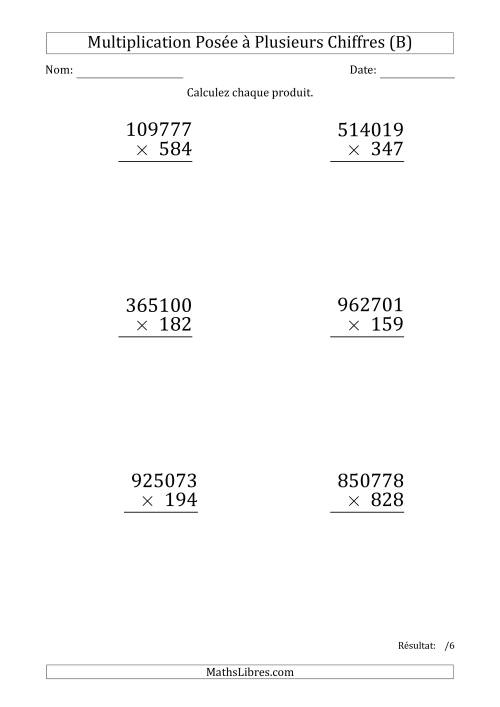 Multiplication d'un Nombre à 6 Chiffres par un Nombre à 3 Chiffres (Gros Caractère) (B)