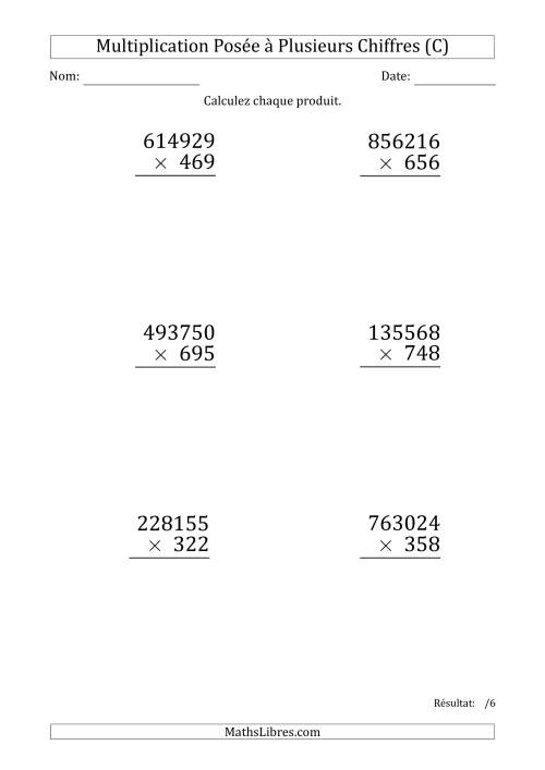Multiplication d'un Nombre à 6 Chiffres par un Nombre à 3 Chiffres (Gros Caractère) (C)