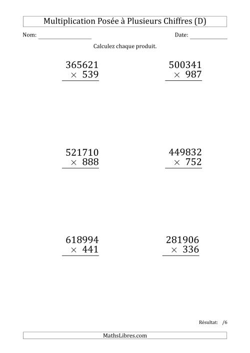 Multiplication d'un Nombre à 6 Chiffres par un Nombre à 3 Chiffres (Gros Caractère) (D)