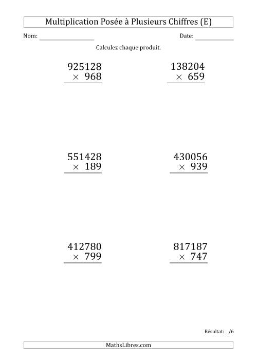 Multiplication d'un Nombre à 6 Chiffres par un Nombre à 3 Chiffres (Gros Caractère) (E)