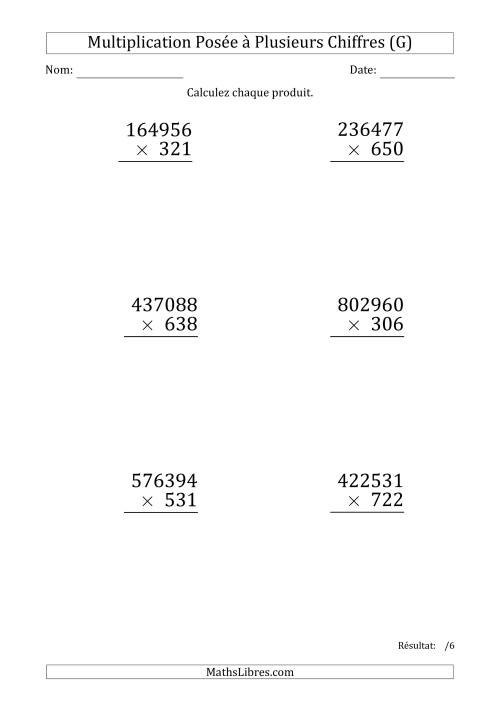 Multiplication d'un Nombre à 6 Chiffres par un Nombre à 3 Chiffres (Gros Caractère) (G)