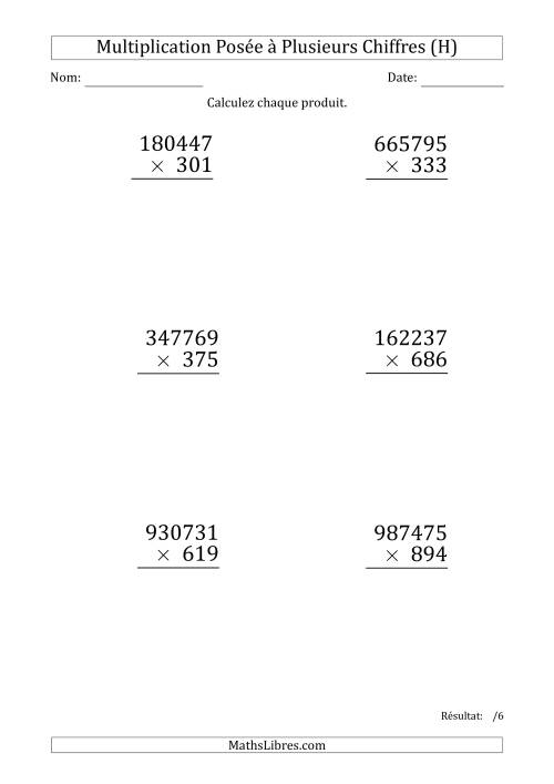 Multiplication d'un Nombre à 6 Chiffres par un Nombre à 3 Chiffres (Gros Caractère) (H)