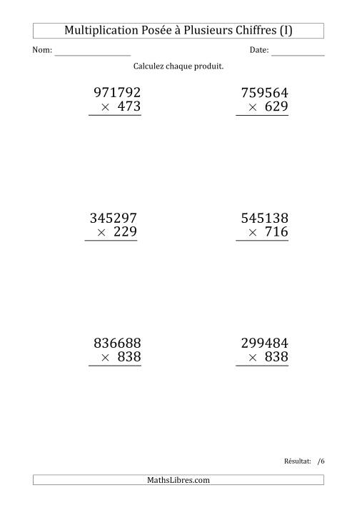 Multiplication d'un Nombre à 6 Chiffres par un Nombre à 3 Chiffres (Gros Caractère) (I)
