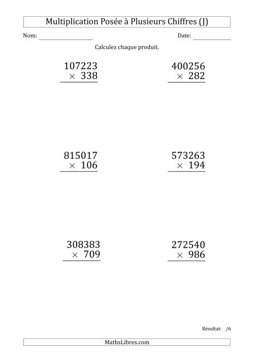 Multiplication d'un Nombre à 6 Chiffres par un Nombre à 3 Chiffres (Gros Caractère) (J)