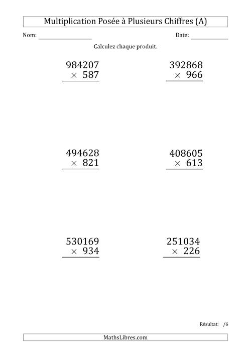 Multiplication d'un Nombre à 6 Chiffres par un Nombre à 3 Chiffres (Gros Caractère) (Tout)