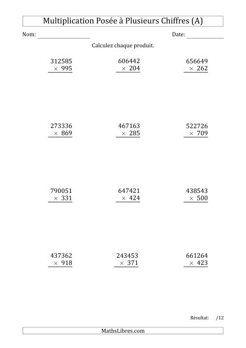 Multiplication d'un Nombre à 6 Chiffres par un Nombre à 3 Chiffres (Tout)