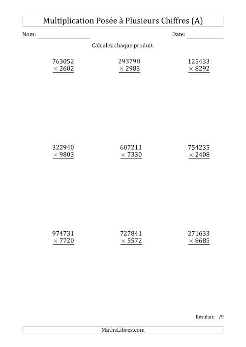 Multiplication d'un Nombre à 6 Chiffres par un Nombre à 4 Chiffres (A)
