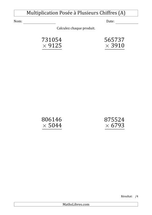 Multiplication d'un Nombre à 6 Chiffres par un Nombre à 4 Chiffres (Gros Caractère) (A)