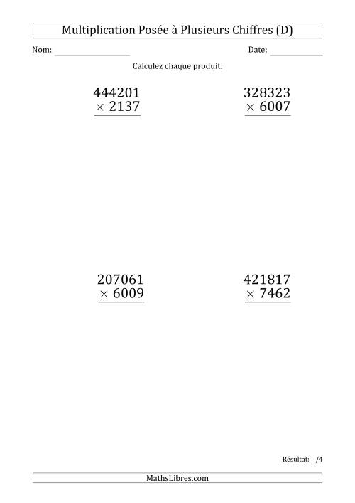Multiplication d'un Nombre à 6 Chiffres par un Nombre à 4 Chiffres (Gros Caractère) (D)