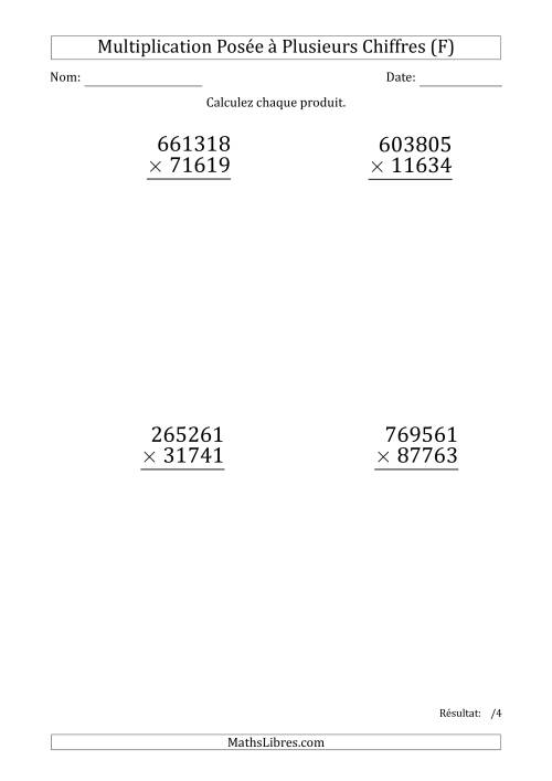 Multiplication d'un Nombre à 6 Chiffres par un Nombre à 5 Chiffres (Gros Caractère) (F)