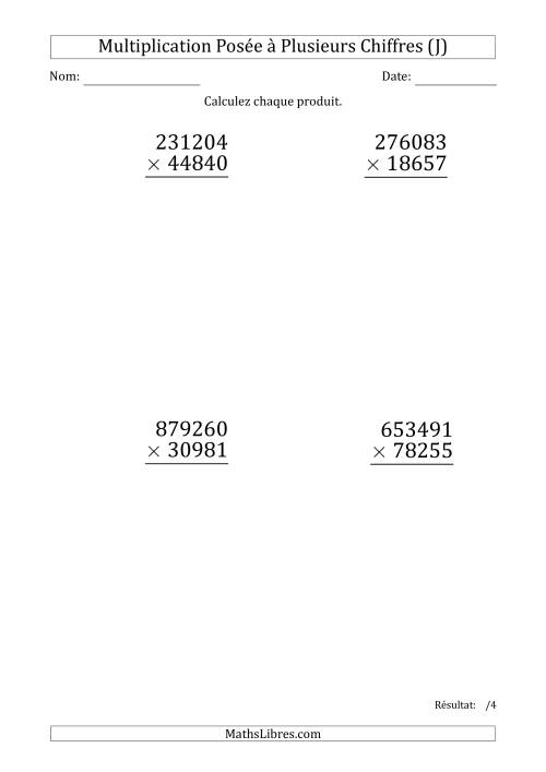 Multiplication d'un Nombre à 6 Chiffres par un Nombre à 5 Chiffres (Gros Caractère) (J)