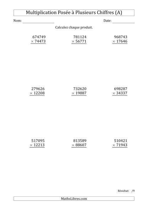 Multiplication d'un Nombre à 6 Chiffres par un Nombre à 5 Chiffres (Tout)