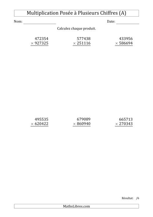 Multiplication d'un Nombre à 6 Chiffres par un Nombre à 6 Chiffres (A)