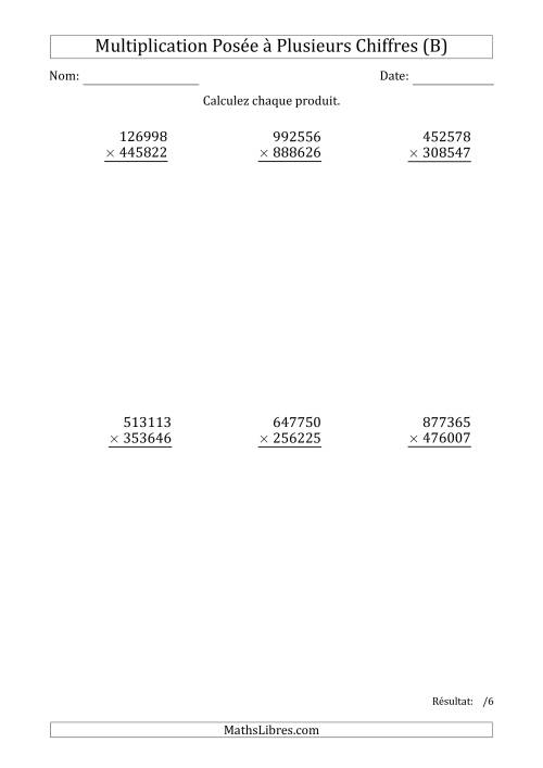 Multiplication d'un Nombre à 6 Chiffres par un Nombre à 6 Chiffres (B)